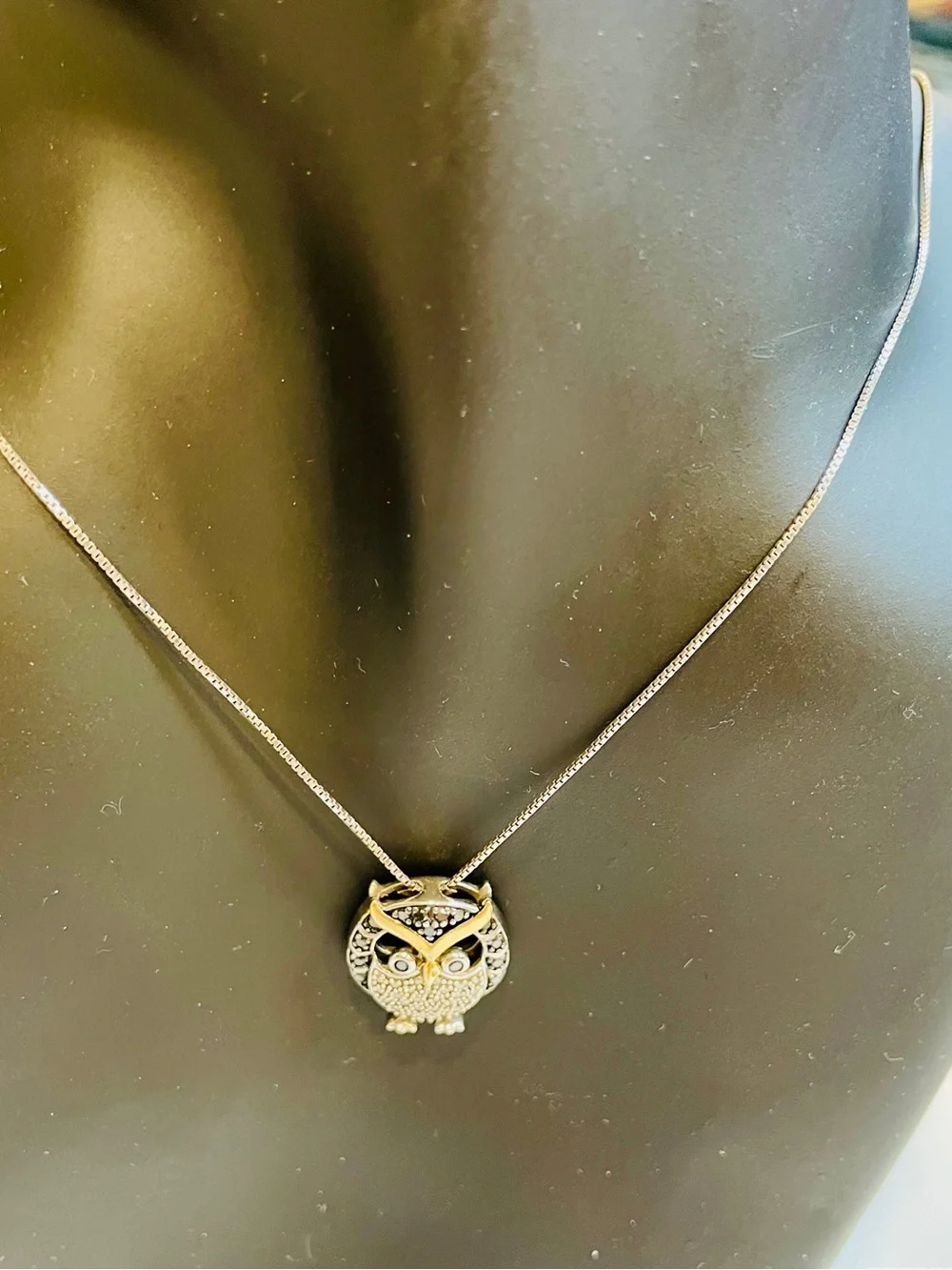 10K Yellow Gold Sterling Silver Black White Diamond Chubby Owl Necklace